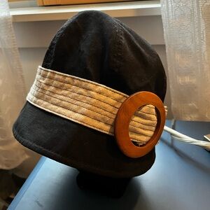 Black Cloche Hat with Cream Band and Wood Buckle